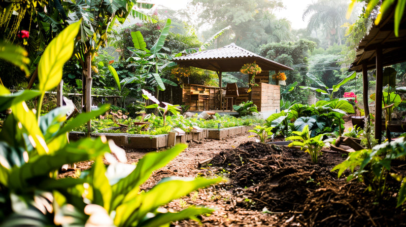 Lush mixed planting and ground cover in an agroforestry setting