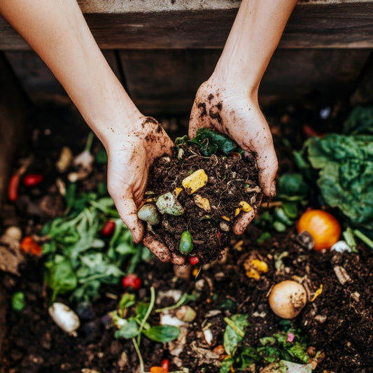 Finished compost held in hands, an organic soil amendment