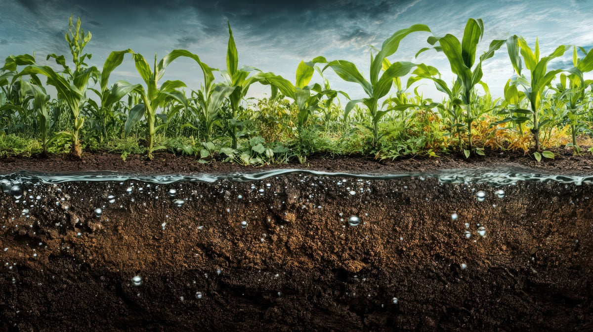 Healthy soil profile with growing crops storing carbon in the root zone