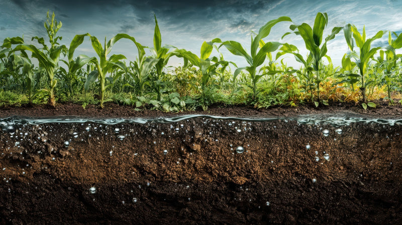 Healthy soil profile with growing crops storing carbon in the root zone