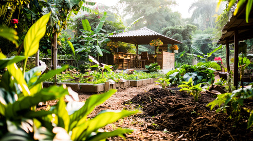 Lush mixed planting and ground cover in an agroforestry setting