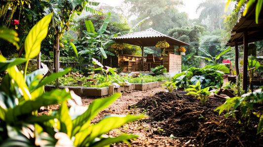 Lush mixed planting and ground cover in an agroforestry setting