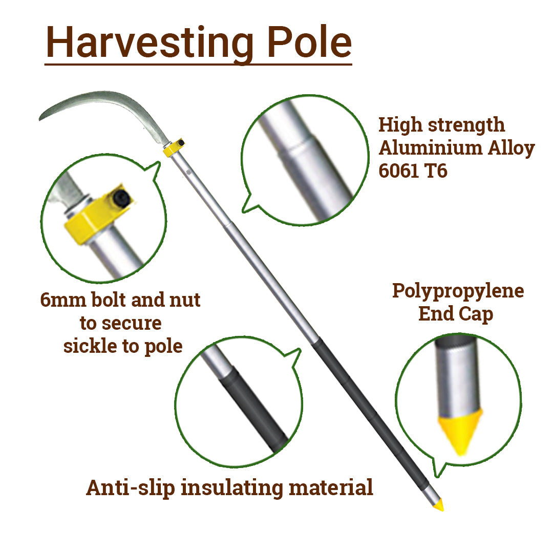 Lightweight oil palm harvesting pole for safe palm fruit and frond cutting
