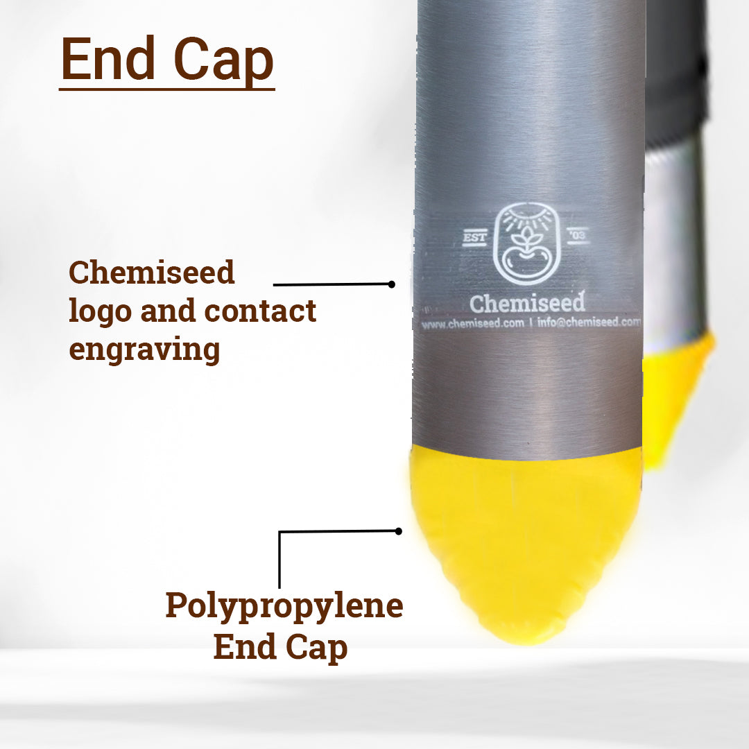 Engraved end cap on the oil palm harvesting pole showing the Chemiseed logo and contact details
