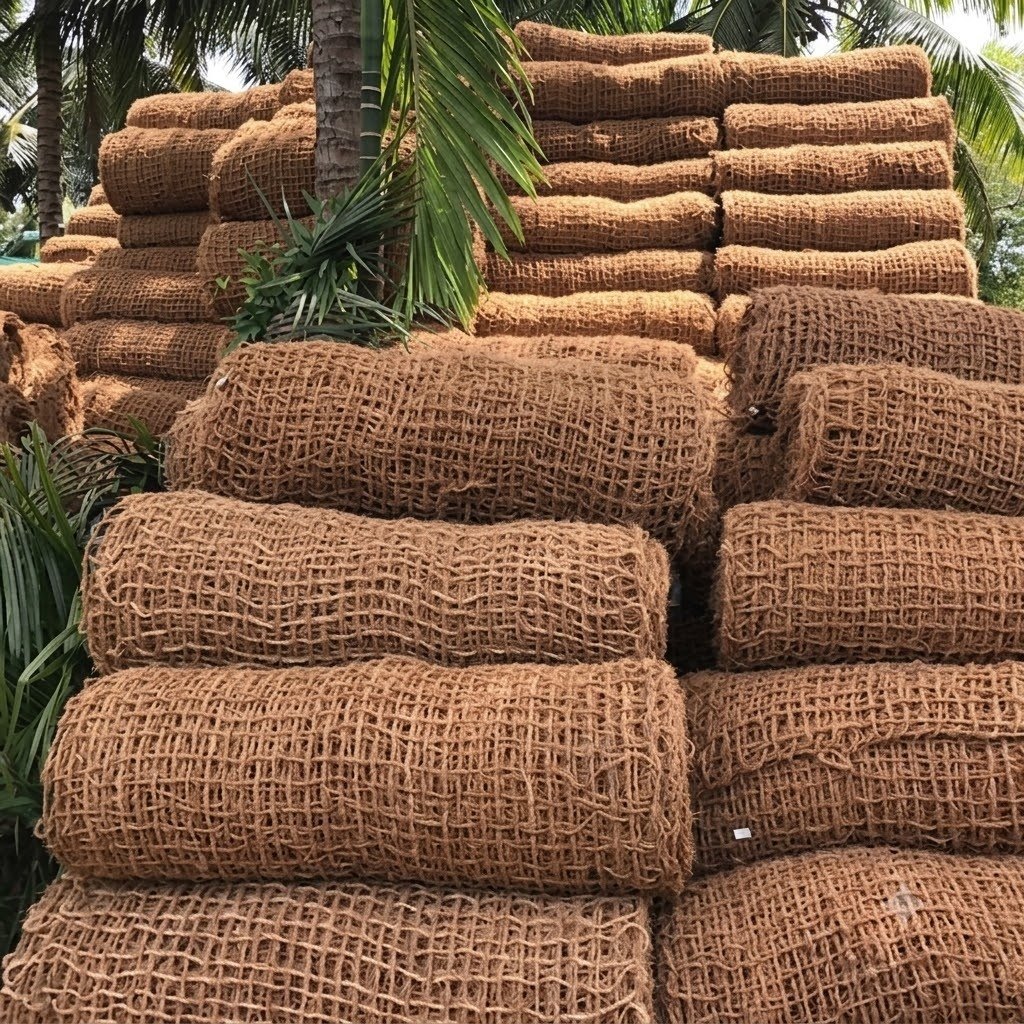 Mga rolyo ng coconet coir net na nakasalansan sa labas
